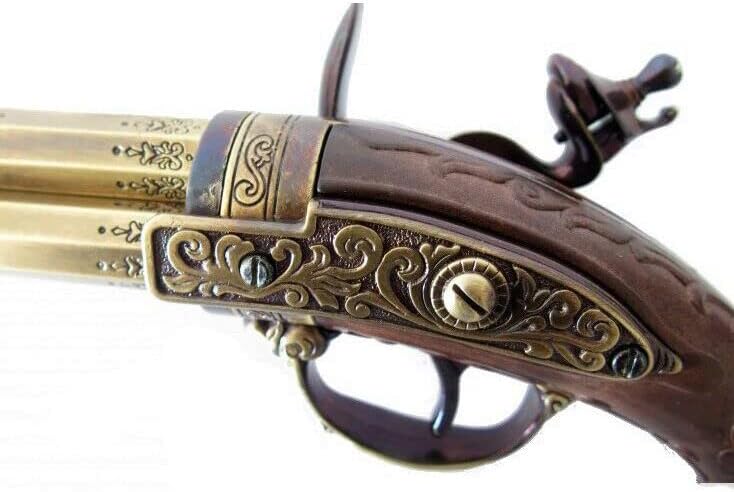 French 18th Century 3 Barrel Flintlock Pistol with Brass Finish/Wood