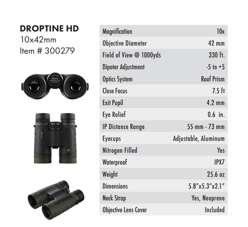 Burris Droptine HD Binocular 10x42 for Adults and Kids with High-Powered Fully Multi-Coated Lenses, Waterproof and Shockproof, Forever Warranty.