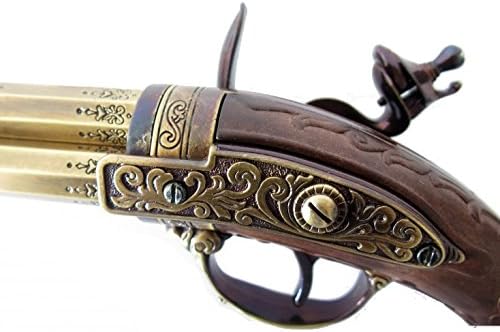 French 18th Century 3 Barrel Flintlock Pistol with Brass Finish/Wood