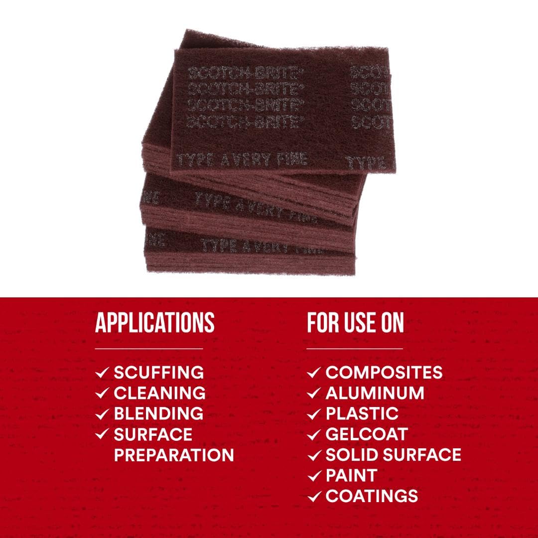 3M Scotch-Brite General Purpose 7447 Hand Pad, Very Fine Grade, 6 in x 9 in, Pack of 20, Aluminum Oxide, Surface Preparation, Scuffing, Blending, Cleaning, Maroon