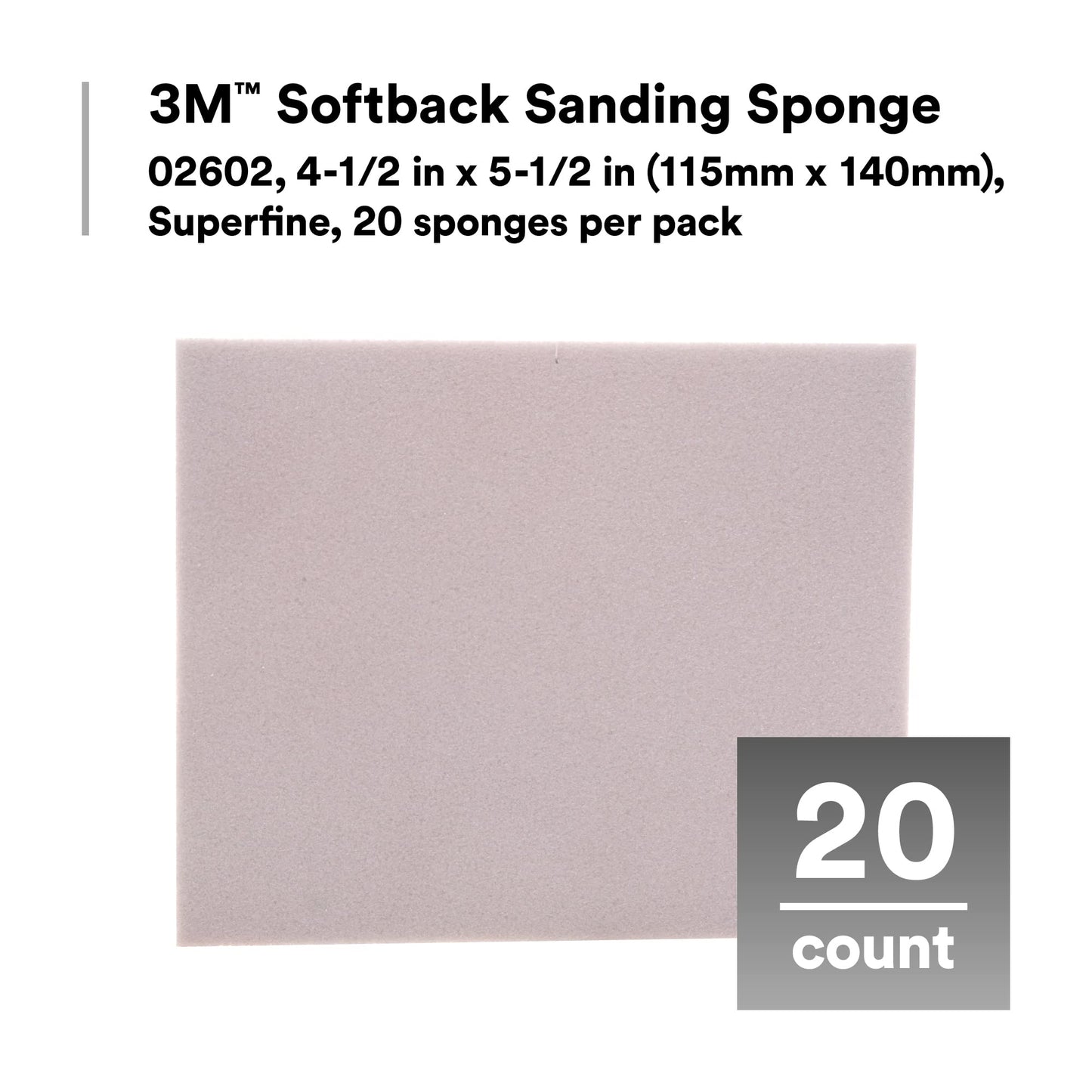 3M Softback Sanding Sponge 02604, 4 1/2 x 5 1/2 in, Fine Grit, Fast Cutting, Gray, 20 Pack