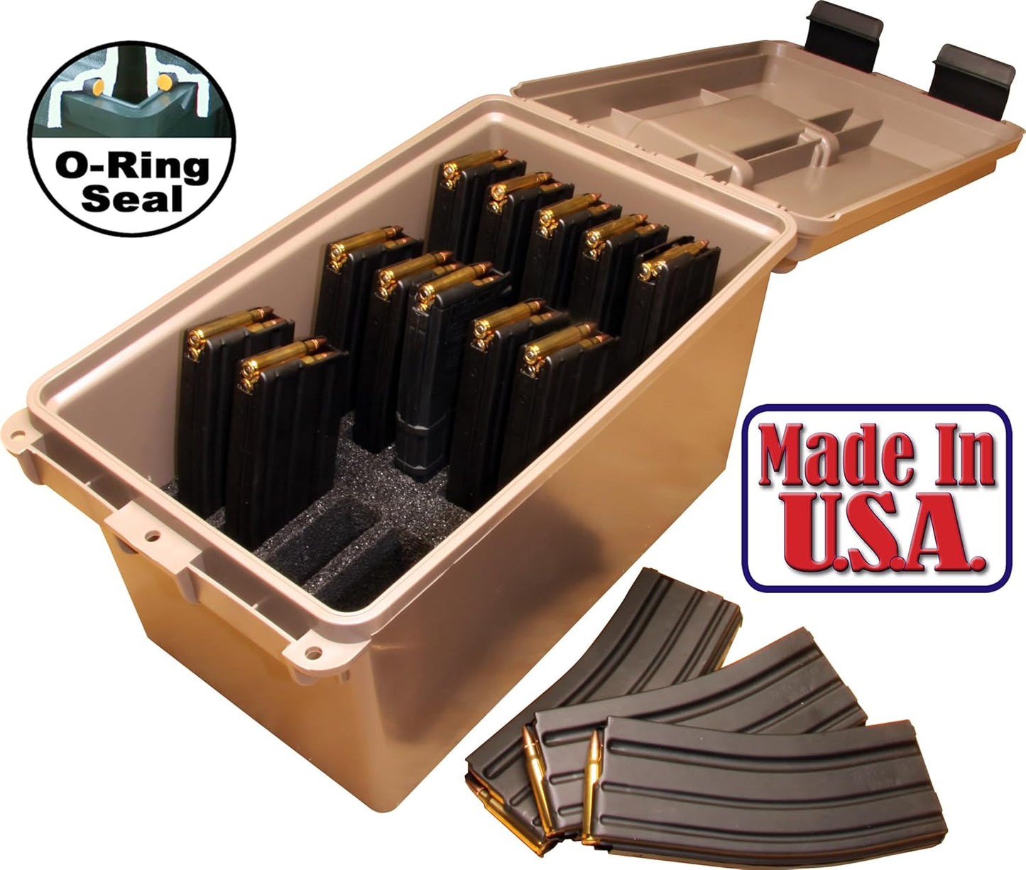 MTM TMC15 Tactical Mag Can, Holds 15- 20 or 30 round 223/5.56 magazines, Stackable design, triple padlock tabbed for security, O-ring seal and solid latching system, Dark Earth