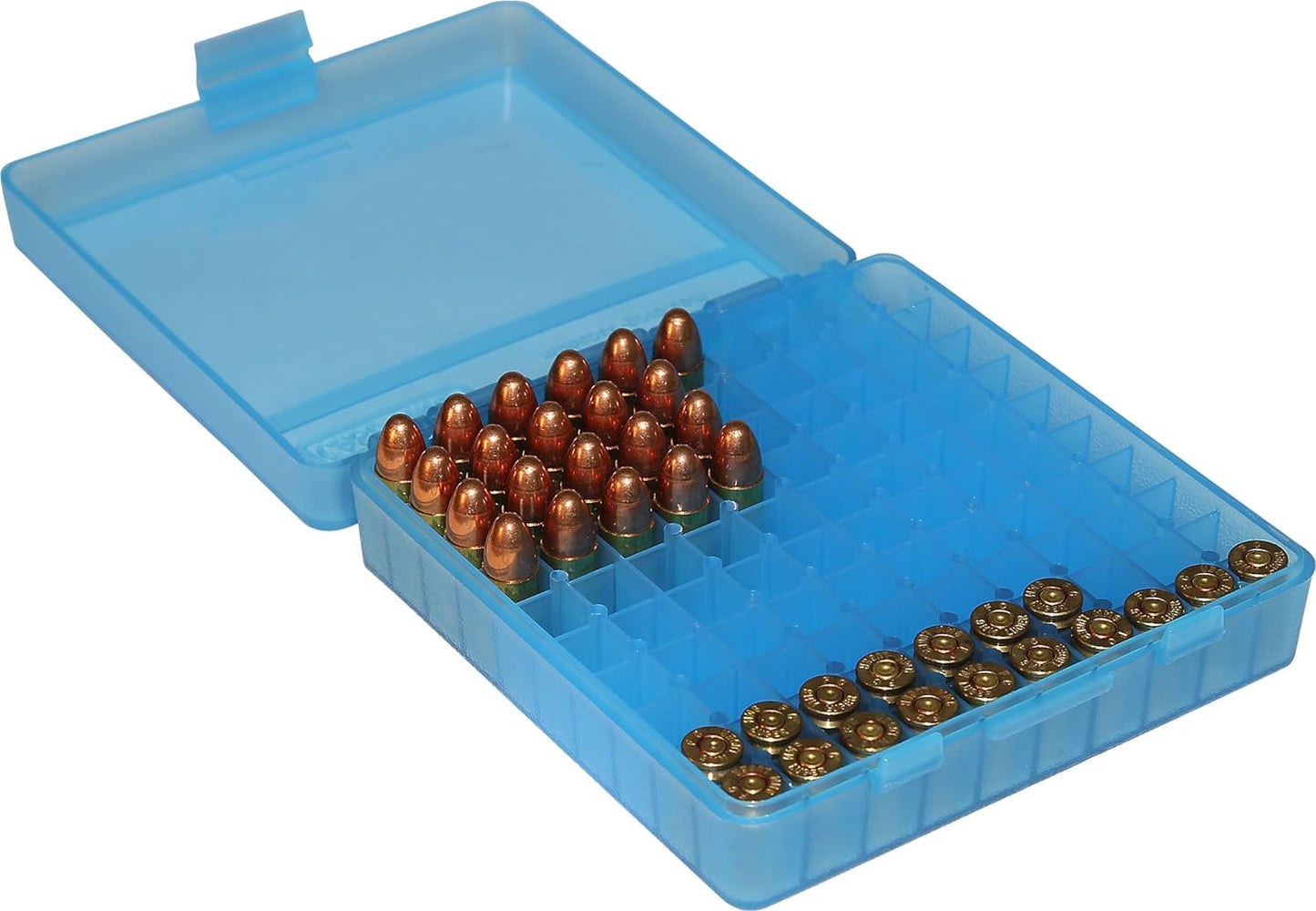 MTM P-100-9-24 Ammo Box 100 Round Flip-Top | Fits 9mm 380 ACP | Easy to grip | Stackable, Snap Lock Latch | USA Made | Clear Blue
