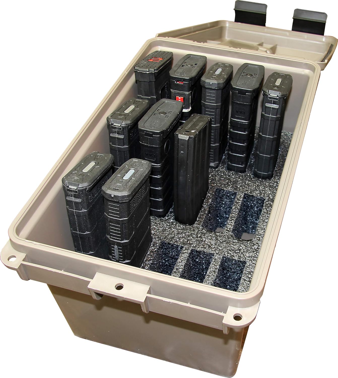 MTM TMC15 Tactical Mag Can, Holds 15- 20 or 30 round 223/5.56 magazines, Stackable design, triple padlock tabbed for security, O-ring seal and solid latching system, Dark Earth