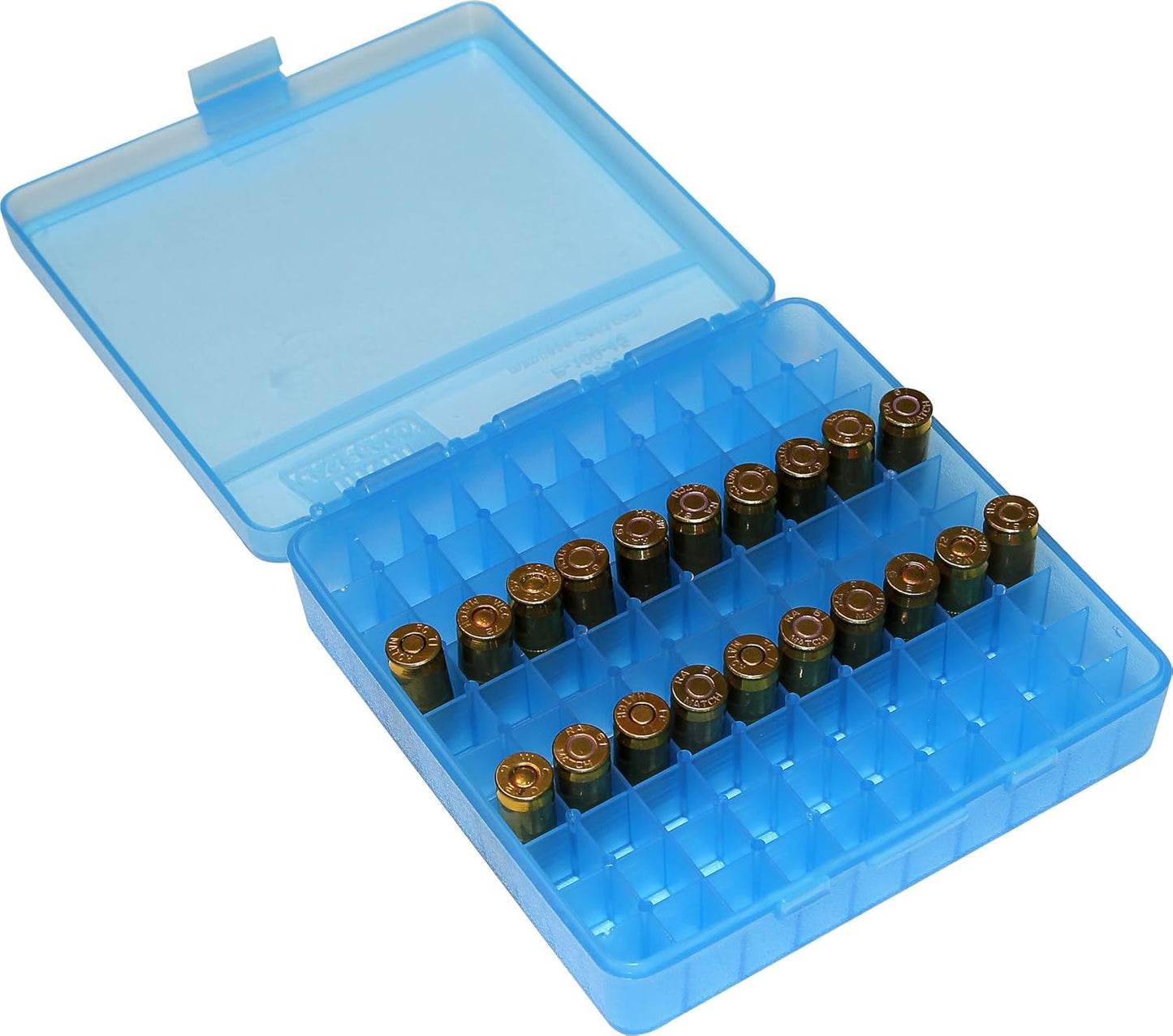 MTM 100 Round Flip-Top Ammo Box 40/45/10MM Cal (Clear Blue)