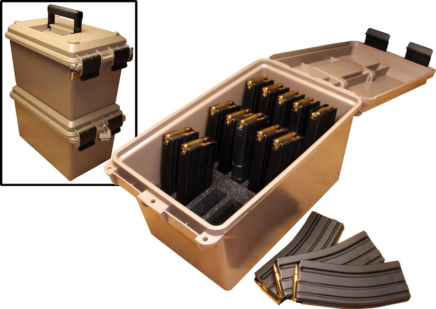 MTM TMC15 Tactical Mag Can, Holds 15- 20 or 30 round 223/5.56 magazines, Stackable design, triple padlock tabbed for security, O-ring seal and solid latching system, Dark Earth