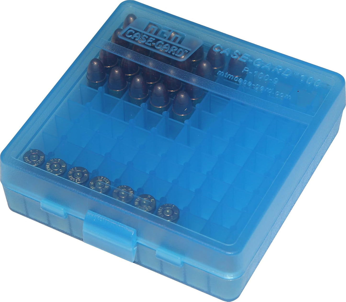 MTM P-100-9-24 Ammo Box 100 Round Flip-Top | Fits 9mm 380 ACP | Easy to grip | Stackable, Snap Lock Latch | USA Made | Clear Blue