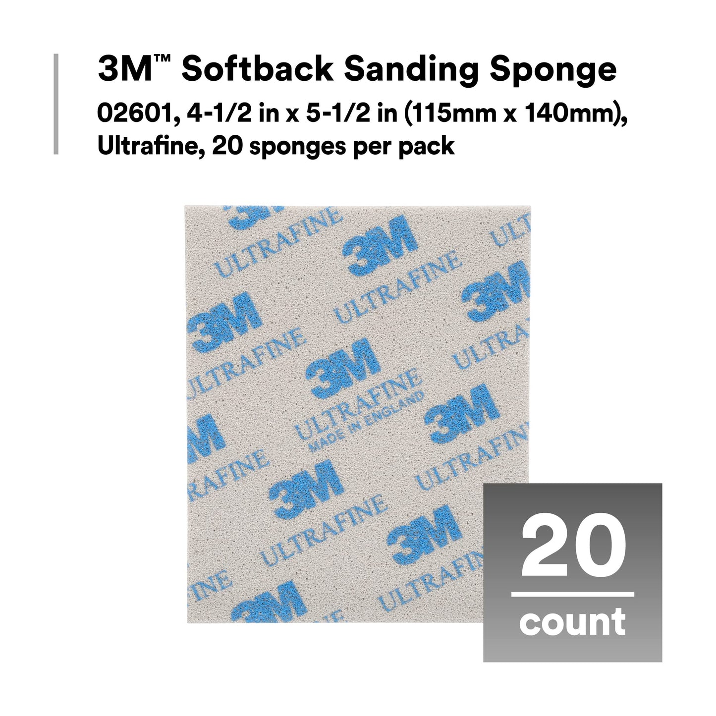 3M Softback Sanding Sponge 02604, 4 1/2 x 5 1/2 in, Fine Grit, Fast Cutting, Gray, 20 Pack