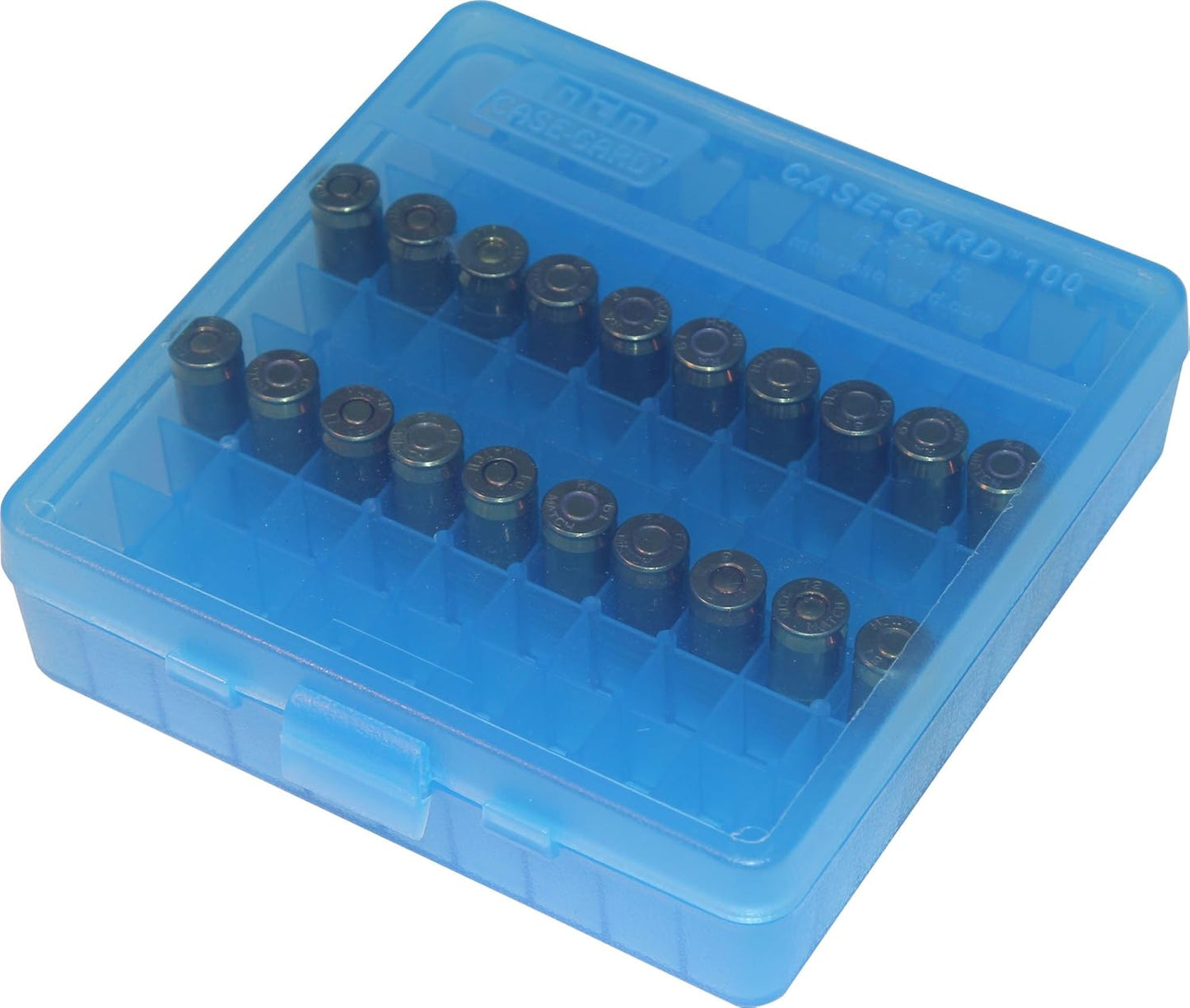 MTM 100 Round Flip-Top Ammo Box 40/45/10MM Cal (Clear Blue)