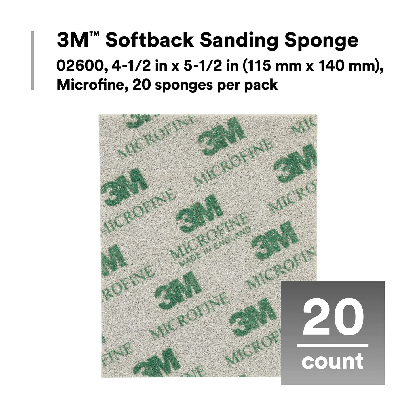 3M Softback Sanding Sponge 02604, 4 1/2 x 5 1/2 in, Fine Grit, Fast Cutting, Gray, 20 Pack