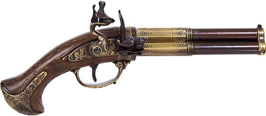 French 18th Century 3 Barrel Flintlock Pistol with Brass Finish/Wood
