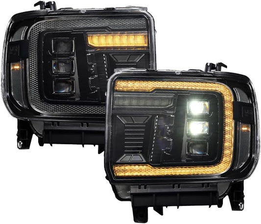 Sequential LED Projector Headlights with Amber DRL compatible with GMC Sierra 1500/2500/3500 2014-2018 (pair)