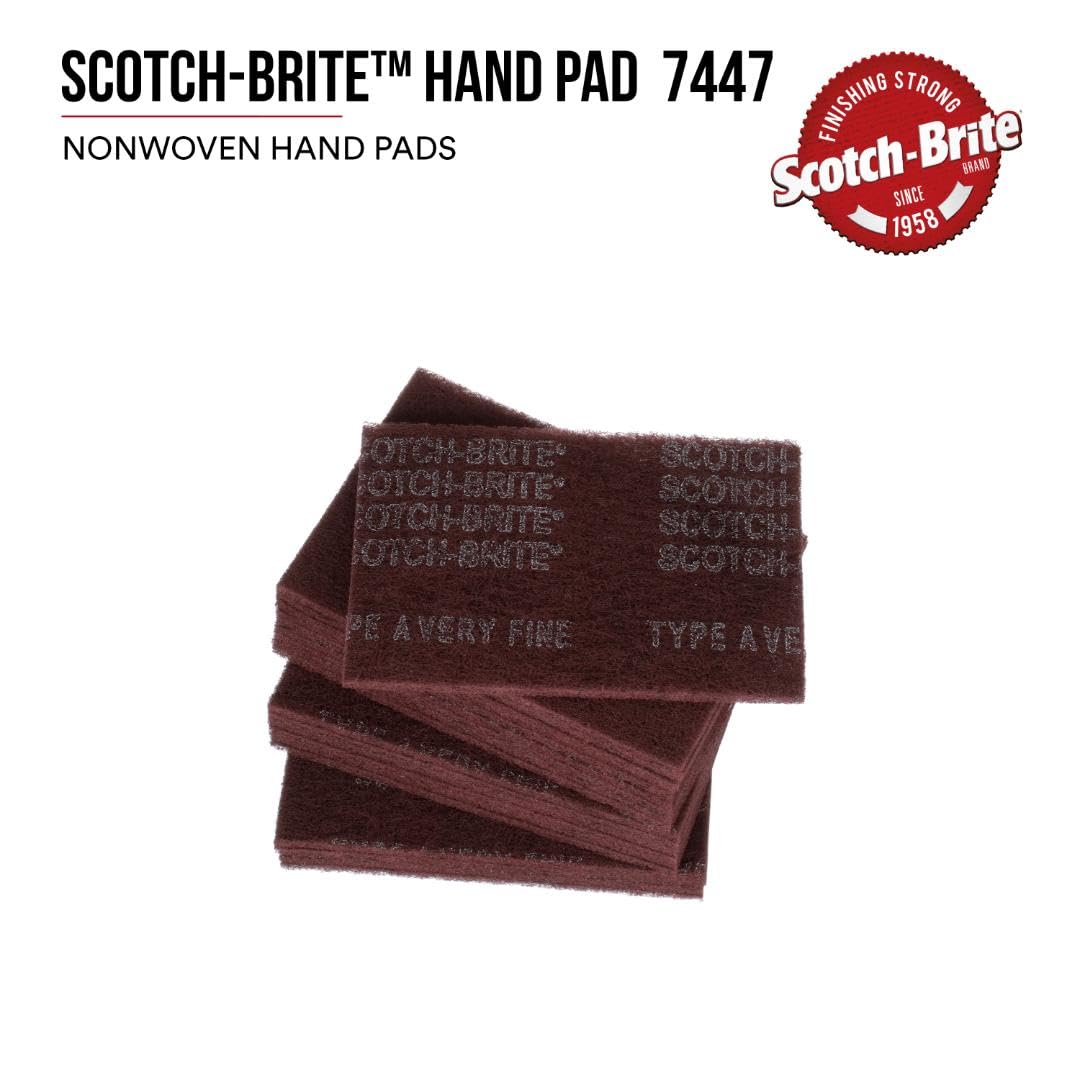 3M Scotch-Brite General Purpose 7447 Hand Pad, Very Fine Grade, 6 in x 9 in, Pack of 20, Aluminum Oxide, Surface Preparation, Scuffing, Blending, Cleaning, Maroon