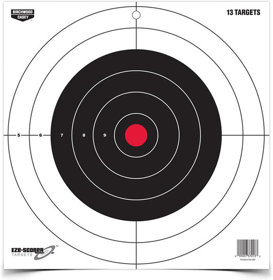 BIRCHWOOD CASEY 12" Eze-Scorer Bull's-Eye Practice Shoot-Up Brilliant White Paper Targets for Indoor and Outdoor Use, 13 Targets