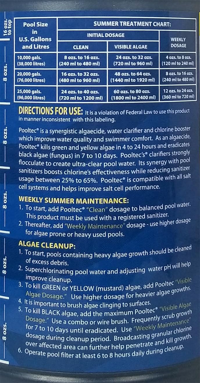 EasyCare 30064 PoolTec Algaecide, Clarifier and Chlorine Salt Cell Booster, 64 oz. Bottle