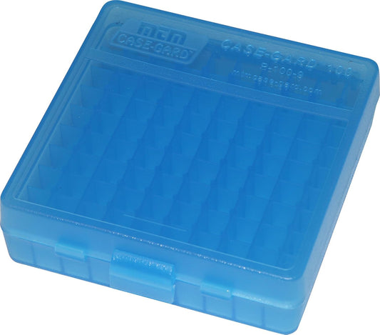 MTM P-100-9-24 Ammo Box 100 Round Flip-Top | Fits 9mm 380 ACP | Easy to grip | Stackable, Snap Lock Latch | USA Made | Clear Blue