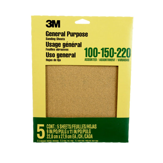 3M Aluminum Oxide Sandpaper, 5 Sheets, Assorted Grit 100-150-220, 9-in x 11-in, Multi-Purpose Abrasive Sanding Paper, For General Purpose Sanding On Paint, Wood and Metal (9005NA)