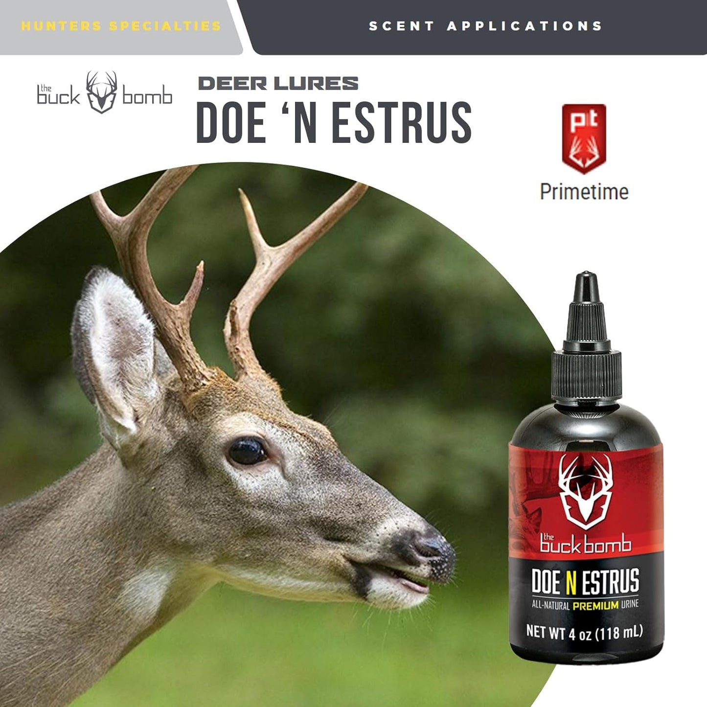 Hunters Specialties Buck Bomb Natural Doe 'N Estrus Liquid Scent w/Wicks Deer Buck Lure Hunting Primetime Scent Attractant for Hunting, 4 Oz (118 ml.)
