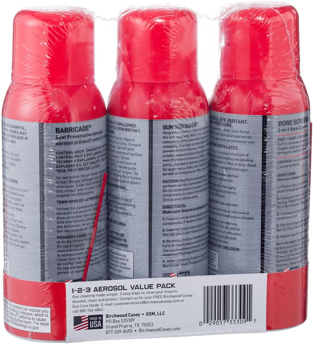 Birchwood Casey 1,2,3 Gun Scrubber, Bore Scrubber & Barricade Value Pack Gun Cleaning Kit, 3 Aerosol Cans, 10 OZ