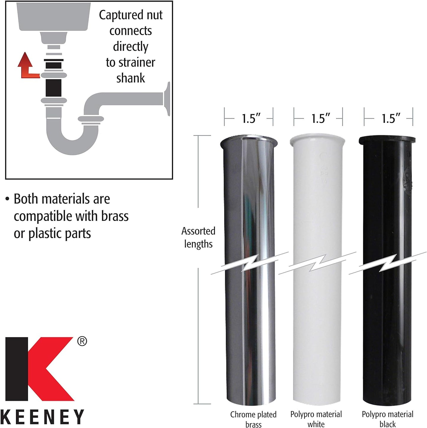 Keeney10-12WK 1-1/2" x 12" Plastic Flanged Sink Tailpiece, White